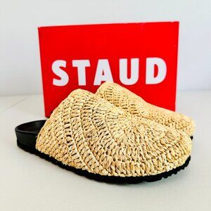 STAUD DIA NATURAL NEUTRAL RAFFIA WOVEN SLIDES MULES SLIPPERS